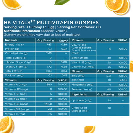 Hk Vitals Multivitamin Gummies (Orange | 60 Days Pack) | For Men & Women