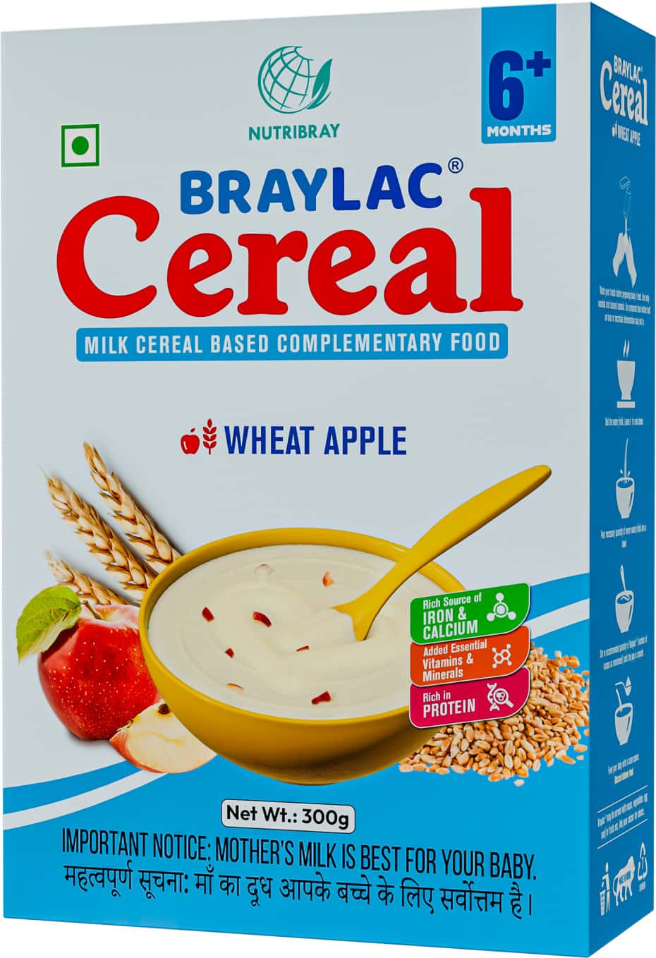 Braylac Cereal Wheat & Apple | 300 Gm | Bag In Box | For 6 To 24 Months Baby