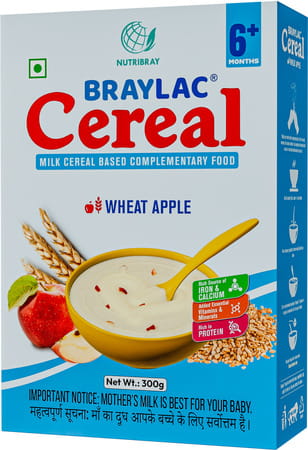 Braylac Cereal Wheat & Apple | 300 Gm | Bag In Box | For 6 To 24 Months Baby
