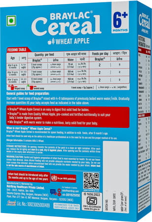 Braylac Cereal Wheat & Apple | 300 Gm | Bag In Box | For 6 To 24 Months Baby