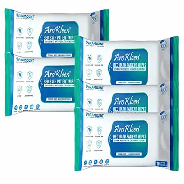 Arokleen Bed Bath Patient Large Wet Wipes Enriched With Aloe Vera And Glycerine 50Pcs Pack Of 5 