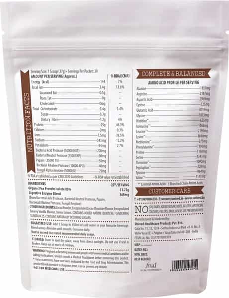 Unived Pea Protein Isolate Chocolate Flavour Protein - 30 Servings- 1.11Kg