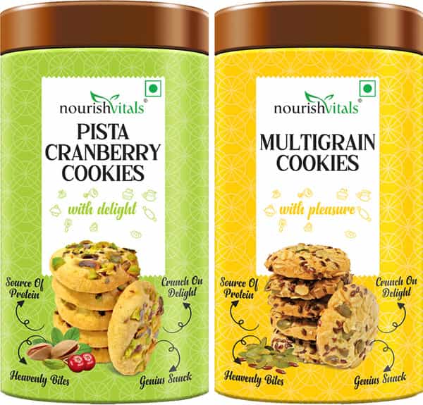 Nourishvitals Pista Cranberry Cookies + Multigrain Cookies Heavenly Bites Genius Snack 120G Each