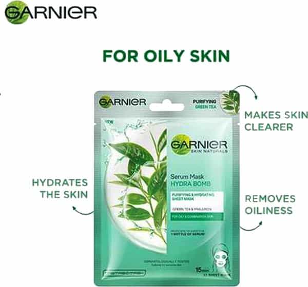 Garnier Skin Naturals Green Tea And Hyaluron Face Serum Sheet Mask - Buy 2 Get 1 Free