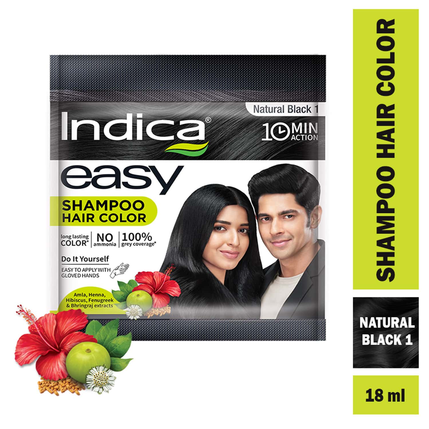 Indica Easy Do-It-Yourself 10 Minutes Hair Color Shampoo | 9g + 9ml Natural Black Colour