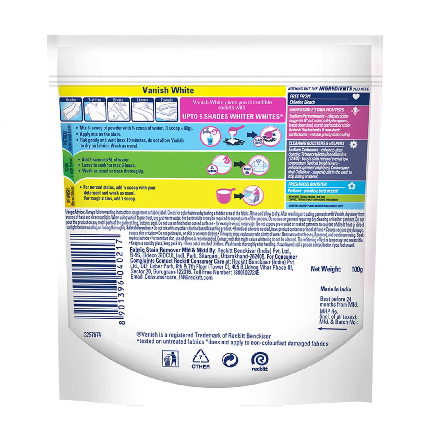 Buy VANISH WHITE CHLORINE BLEACH FREE DETERGENT POWDER 100G Online
