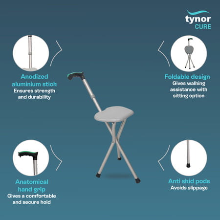 Tynor Walking Stick With Seat | Grey | Universal | 1 Unit