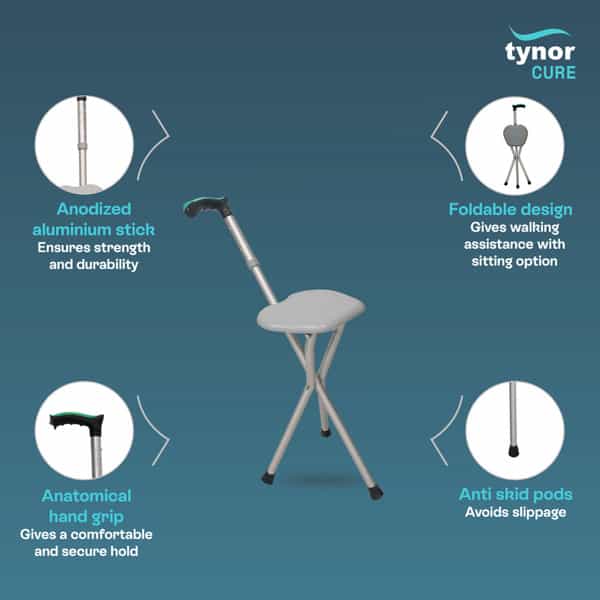 Tynor Walking Stick With Seat | Grey | Universal | 1 Unit