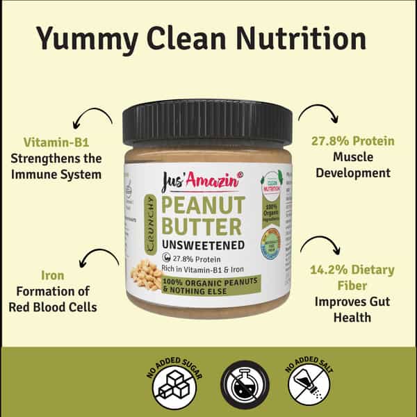 Jus Amazin Crunchy Organic Peanut Butter Unsweetened -200G|Clean Nutrition|100% Organic Peanuts