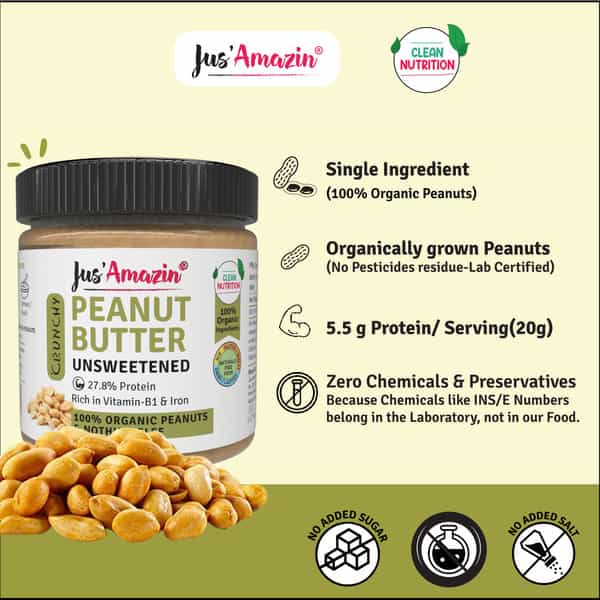 Jus Amazin Crunchy Organic Peanut Butter Unsweetened -200G|Clean Nutrition|100% Organic Peanuts
