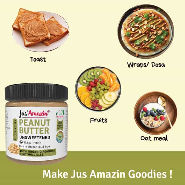 Jus Amazin Crunchy Organic Peanut Butter Unsweetened -200G|Clean Nutrition|100% Organic Peanuts