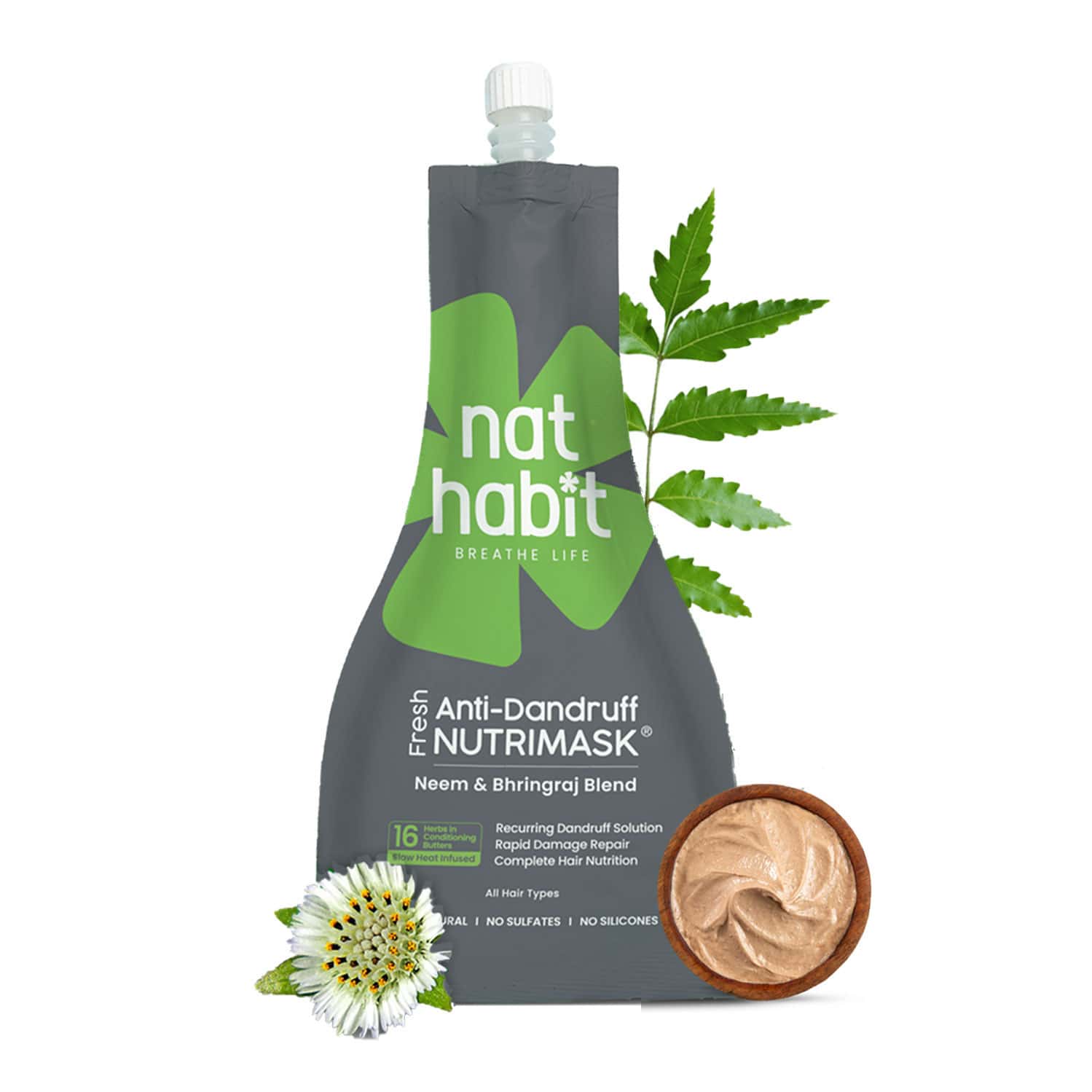 Nat Habit Neem Bhringraj Fresh Hair Mask Anti-dandruff | Itch Control & Frizzy Hair Treatment (40g)
