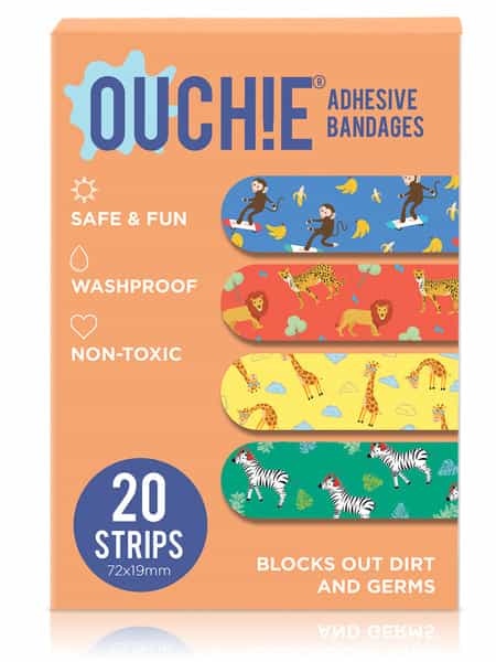 Ouchie Non-Toxic Printed Bandages Quadruple Set (20 Strips Each) - Pink | Orange | Blue & Lavender