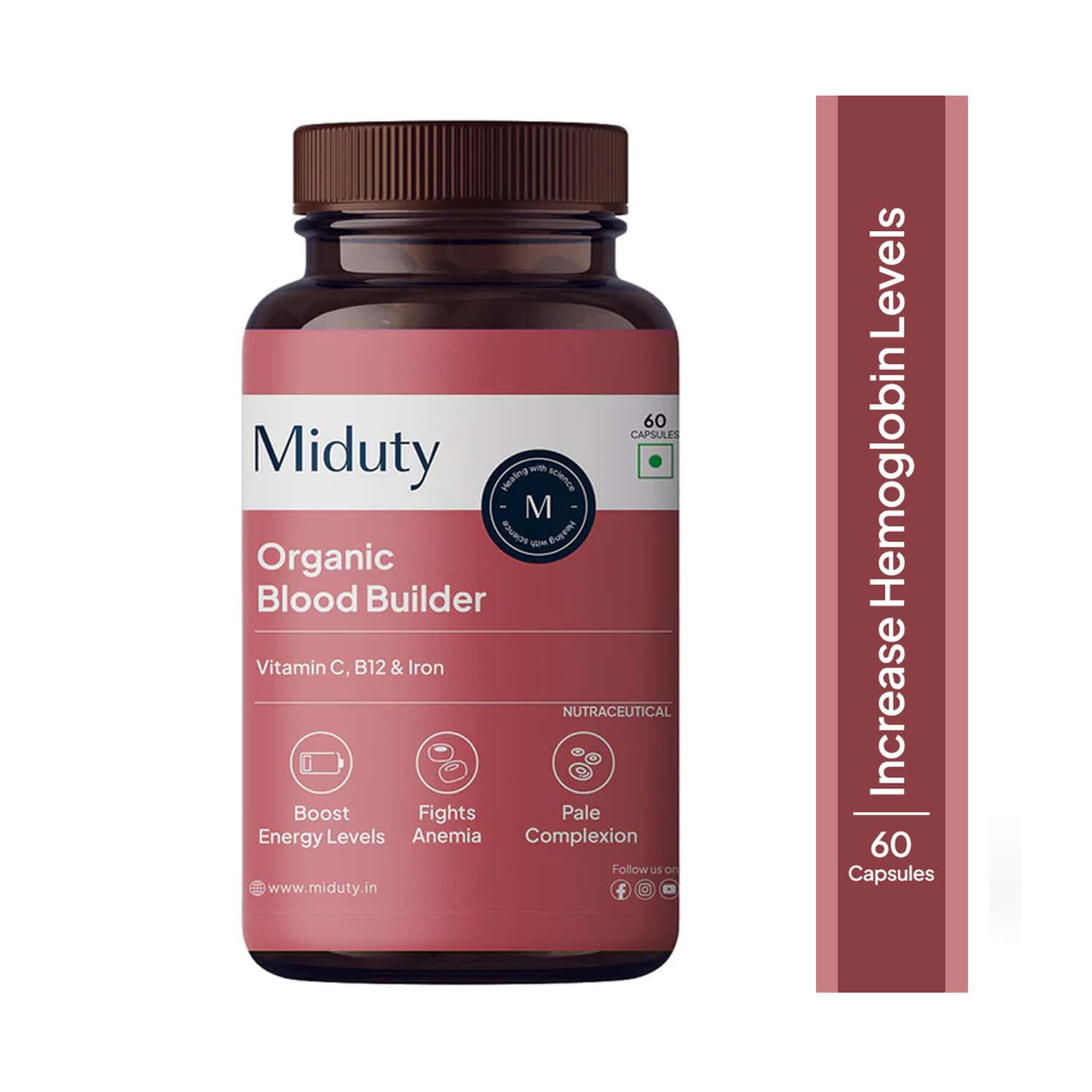 Miduty Organic Blood Builder - Iron Vit C - Energy Hemoglobin Support - Anemia- 60 Capsules