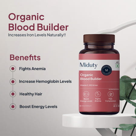 Miduty Organic Blood Builder - Iron Vit C - Energy Hemoglobin Support - Anemia- 60 Capsules
