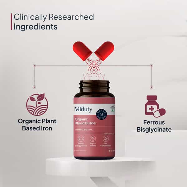 Miduty Organic Blood Builder - Iron Vit C - Energy Hemoglobin Support - Anemia- 60 Capsules