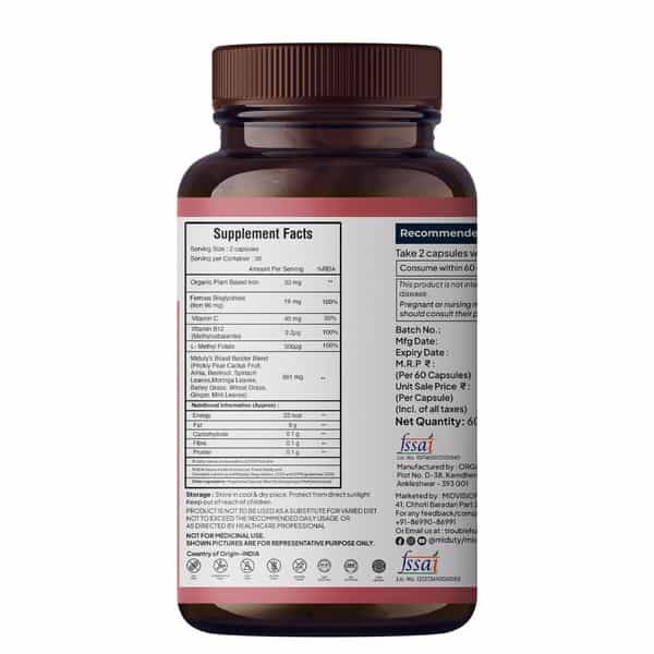 Miduty Organic Blood Builder - Iron Vit C - Energy Hemoglobin Support - Anemia- 60 Capsules