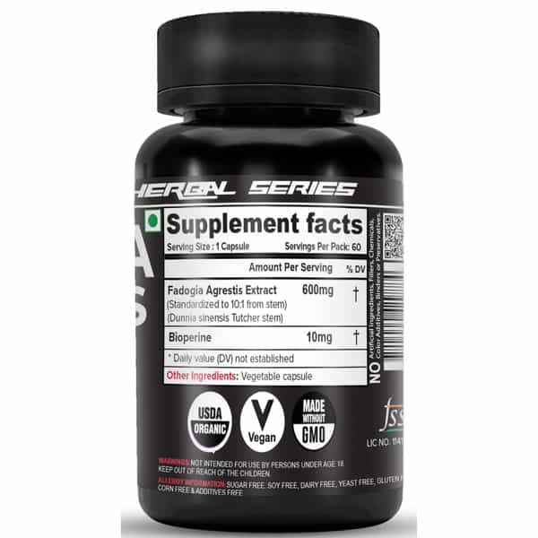 Nutrija Fadogia Agrestis Extract Standardized To 10:1 With Bioperine Highly Bioavailable - 120N