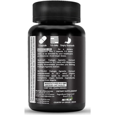 Nutrija Fadogia Agrestis Extract Standardized To 10:1 With Bioperine Highly Bioavailable - 120N