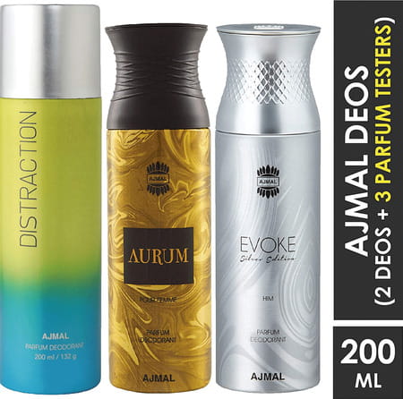 Ajmal 1 Distraction For Unisex 1 Aurum For Women 1 Evoke Silver For Men Deo Combo Pack 3- 600ml