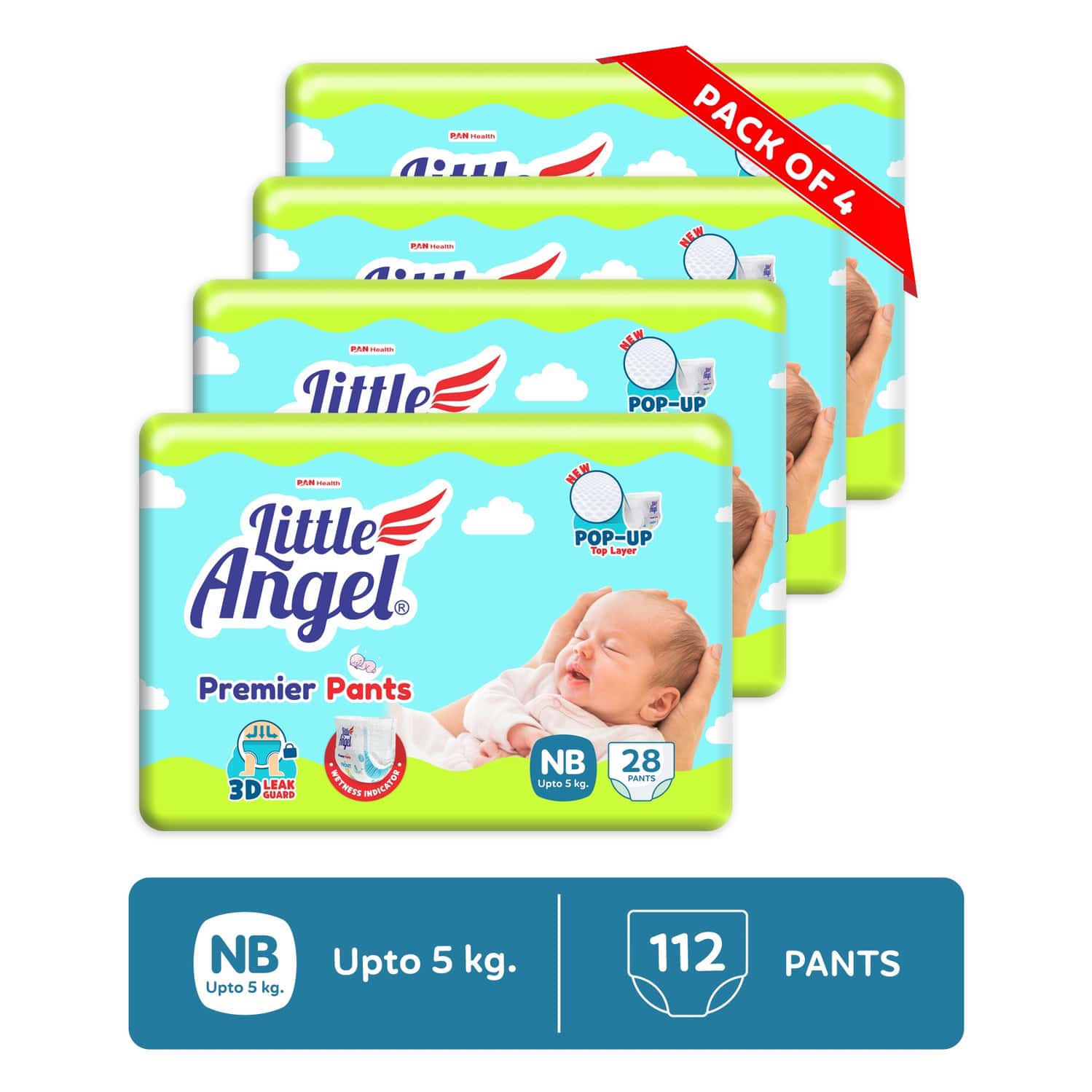 Little Angel Premier Pants Baby Diapers New Born (Nb Size 112 Count Pack Of 4 28 Count/Pack 5 Kg