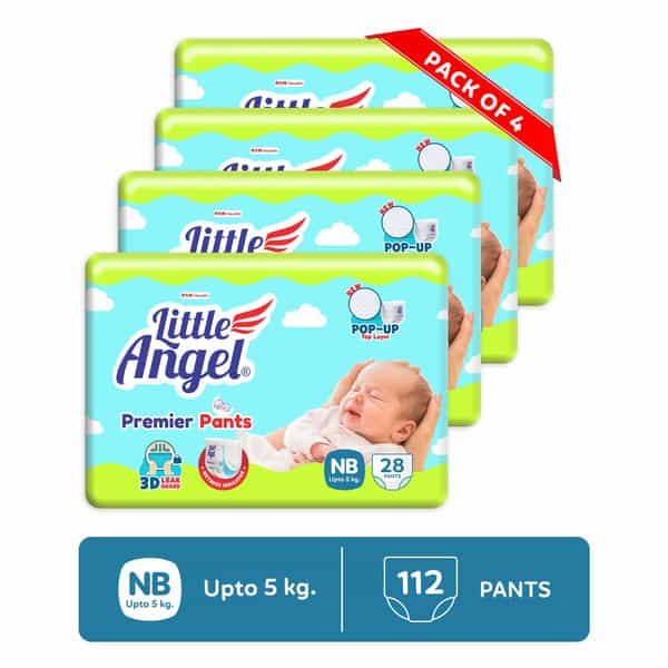 Little Angel Premier Pants Baby Diapers New Born (Nb Size 112 Count Pack Of 4 28 Count/Pack 5 Kg