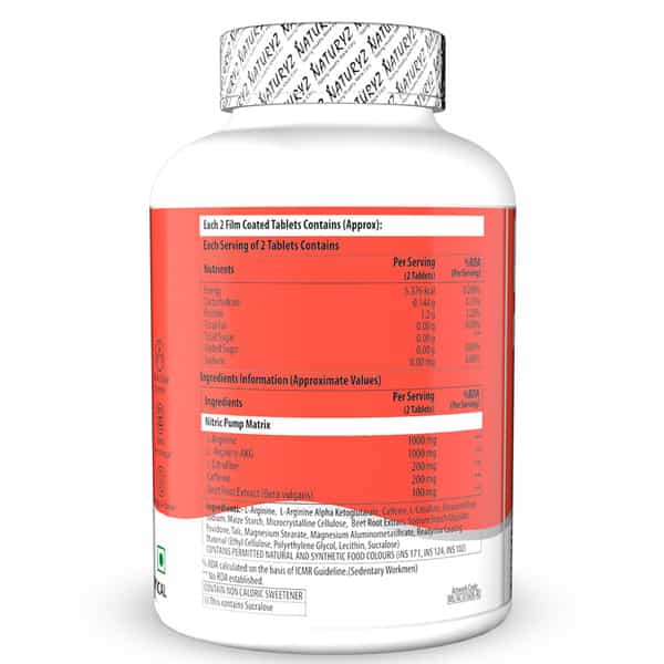 Naturyz Nitric Oxide Pump 2500 L-Arginine Citrulline Caffeine For Pre-Workout & Stamina - 90 Tablets
