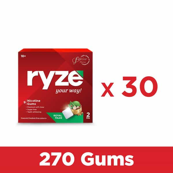 Ryze Nicotine Gum 2Mg |Royal Paan| 9 Gums Each X Pack Of 30 Smoking Cessations