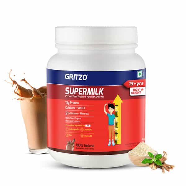 Gritzo Supermilk Growth+ (Formerly Height+) (13+Y Boys) | 13G Protein (Double Chocolate | 800G)