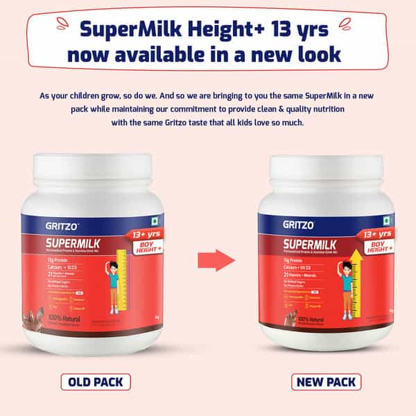 Gritzo Supermilk Growth+ (Formerly Height+) (13+Y Boys) | 13G Protein (Double Chocolate | 800G)