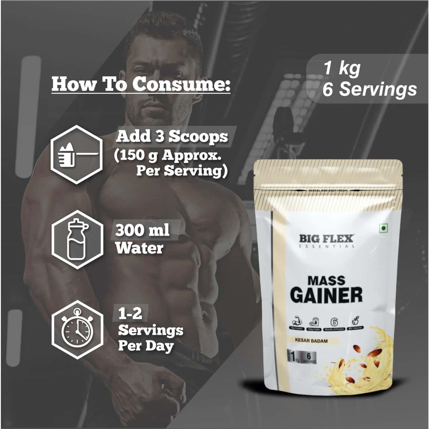 Buy BIGFLEX ESSENTIAL MASS GAINER (KESAR BADAM) POUCH ( 1KG ) Online