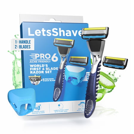 Letsshave Pro 6 Acne Friendly Razor | Men | Anti-Acne Shaving Kit - 1 Handle | 2 Blades & Razor Cap