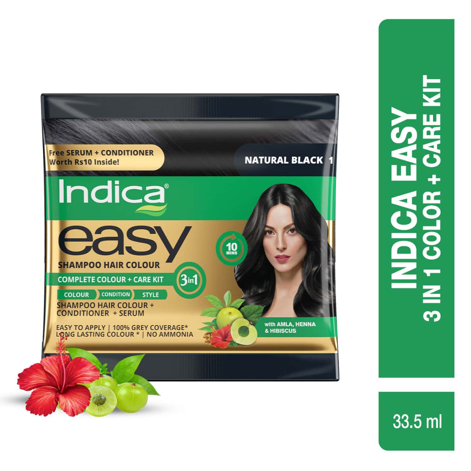 Indica Easy 3 In 1 Care Kit,10 Minutes Shampoo Hair Color Free Conditioner 6ml,Serum-2.5ml,Black