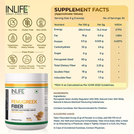 Inlife Fenugreek Fibre Powder | Digestive Health Gut Cleanse High Fiber & Weight Management - 150g