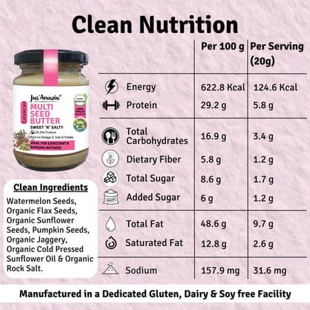 Jus Amazin Crunchy Seed Butter Mixed Seeds With Flax & Sunflower Seeds -125g|85% Mixed Seeds
