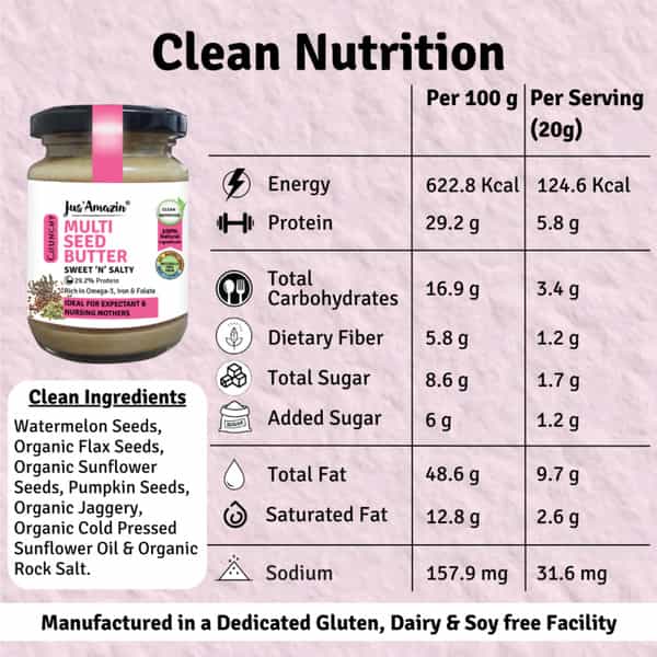 Jus Amazin Crunchy Seed Butter Mixed Seeds With Flax & Sunflower Seeds -125G|85% Mixed Seeds