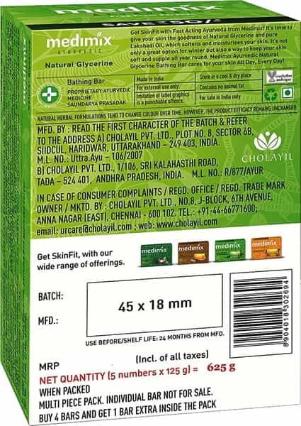 Medimix Ayurvedic Naturalglycerine And Lakshadi Oil Bathing Soap - 4X125g (Get 1 Extra)