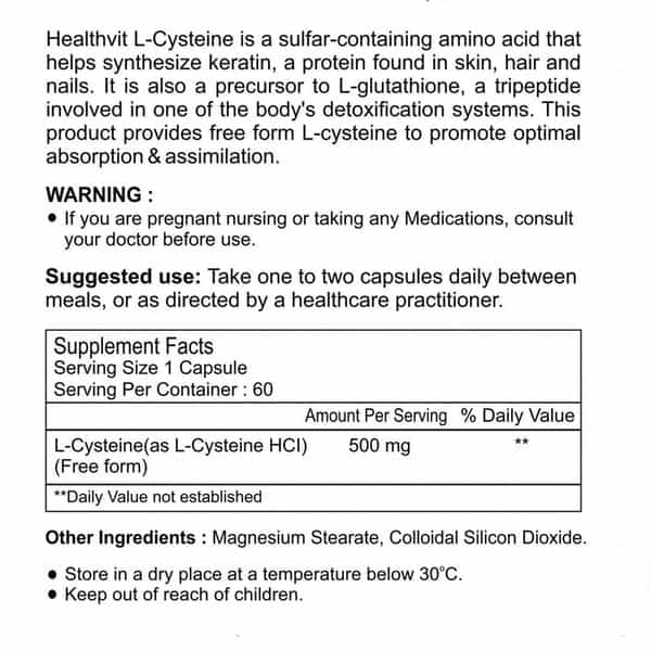 Healthvit L-Cysteine - 500 Mg -60 Capsules