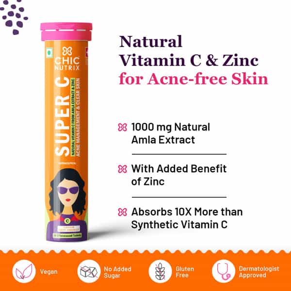 Chicnutrix Super C - Amla Extract & Zinc - Natural Vitamin C For Skin- 20 Tablets - Fizzy Orange