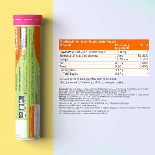 Chicnutrix Super C - Amla Extract & Zinc - Natural Vitamin C For Skin- 20 Tablets - Fizzy Orange