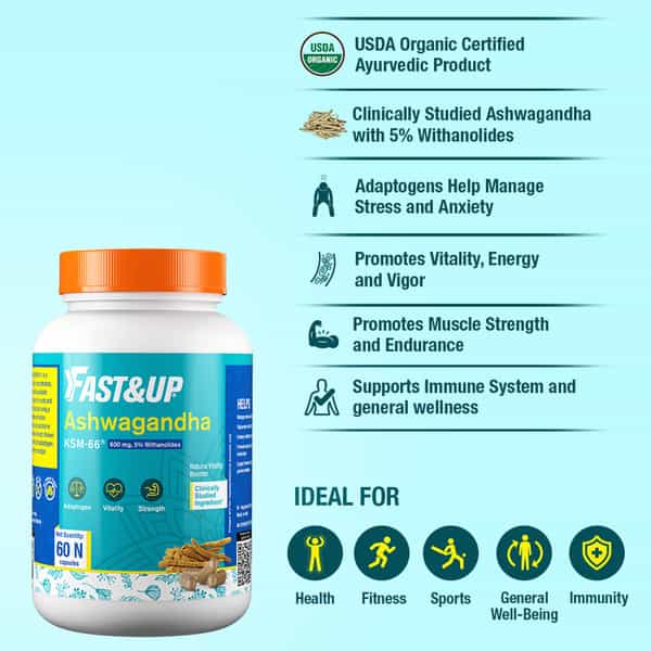 Fast&Up Ashwagandha(Ksm-66)-Natural Vitality Booster-Usda Organic Certified -60 Veg Capsules