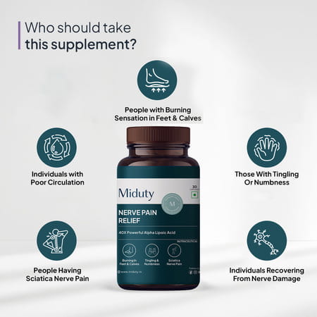 Miduty Nerve Pain Relief-Alpha Lipoic Acid-B Vitamins-Neuropathy Support-40x Powerful - 30 Capsules