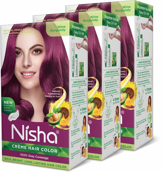 Nisha Creme Hair Color Wine Burgundy 120G Pack Of 3 | Ammonia Free Hair Colour | 100% Grey Coverage