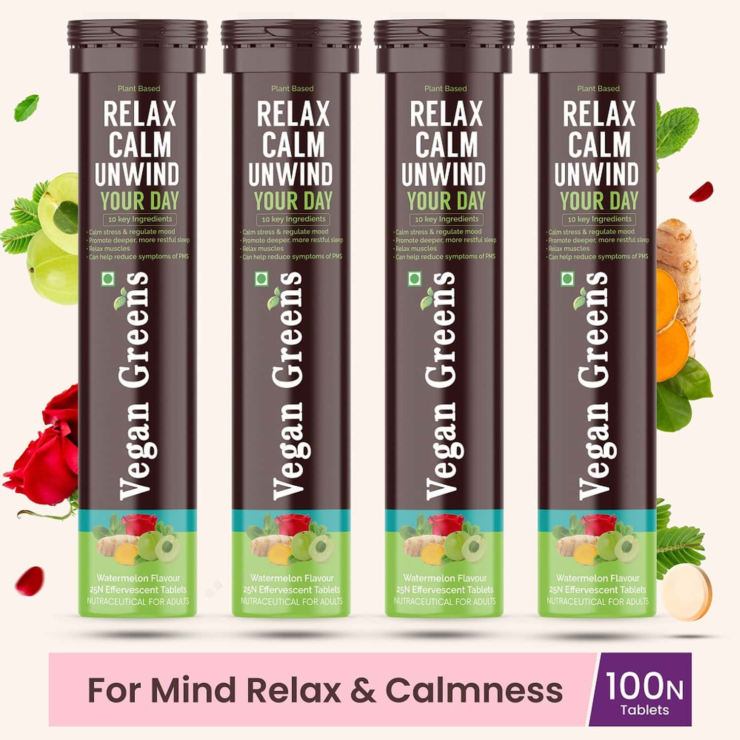 Vegan Greens Relax Calm Unwind Your Day. Calm Daily Stress, Better Mood &Sleep 100 Effer. Watermelon