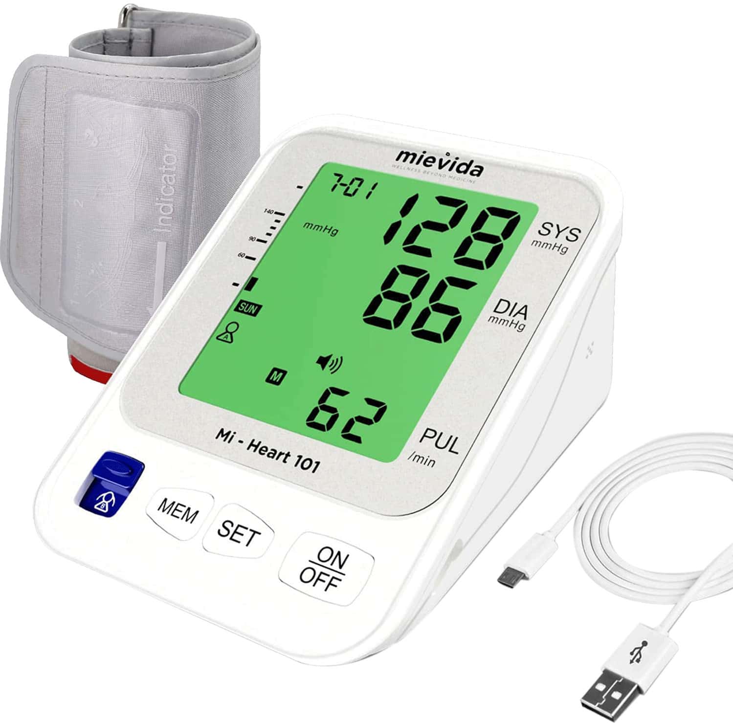 Mievida Mi Heart 101 Blood Pressure Monitor With Smart 3 Colored Display Usb Cable & Voice Feature