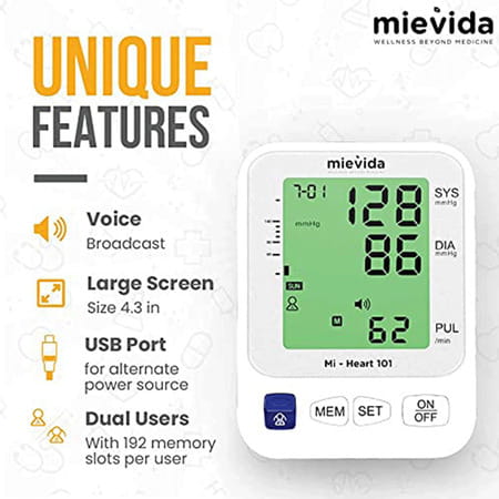 Mievida Mi Heart 101 Blood Pressure Monitor With Smart 3 Colored Display Usb Cable & Voice Feature