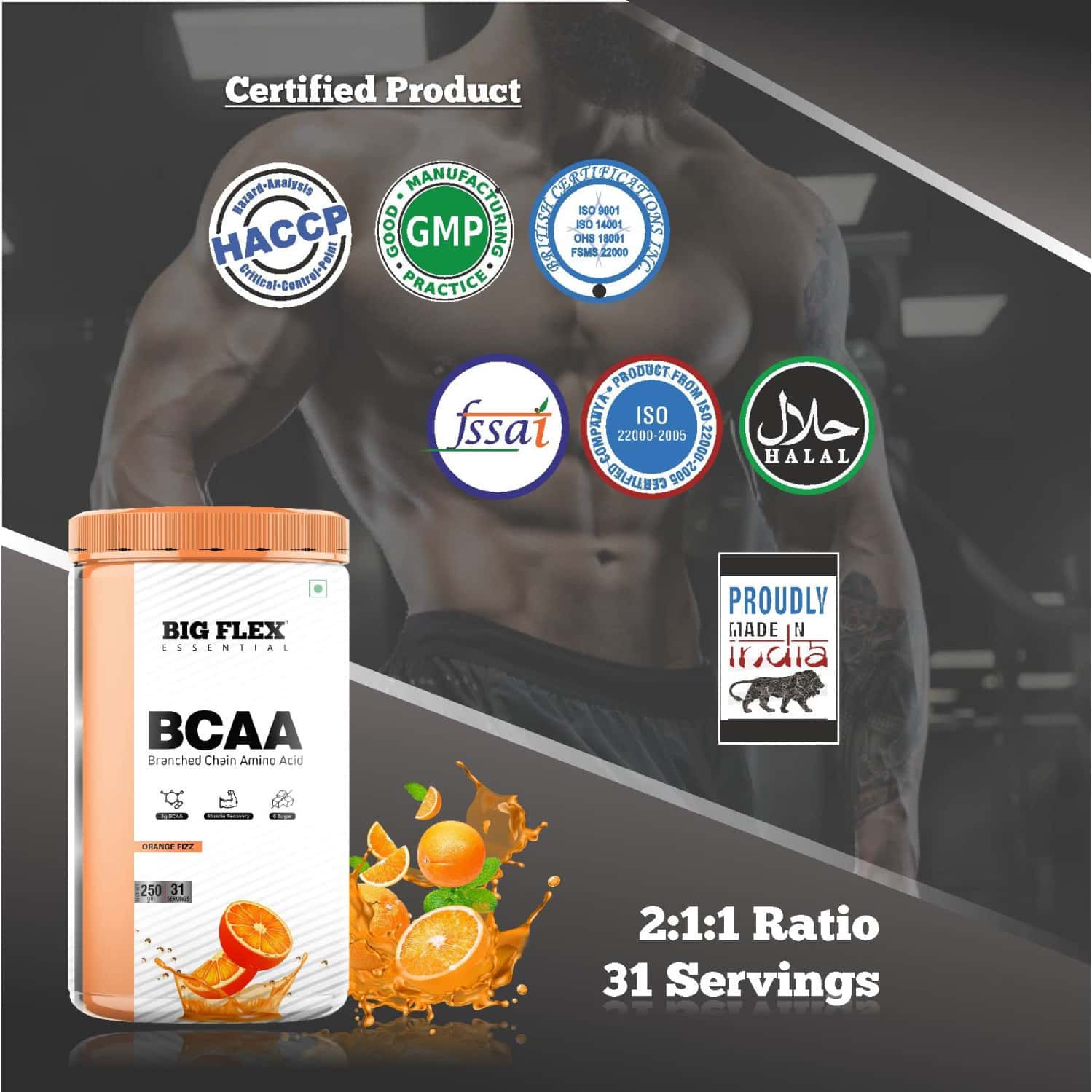 Buy BIGFLEX ESSENTIAL BCAA ORANGE FIZZ (250GM) JAR Online & Get