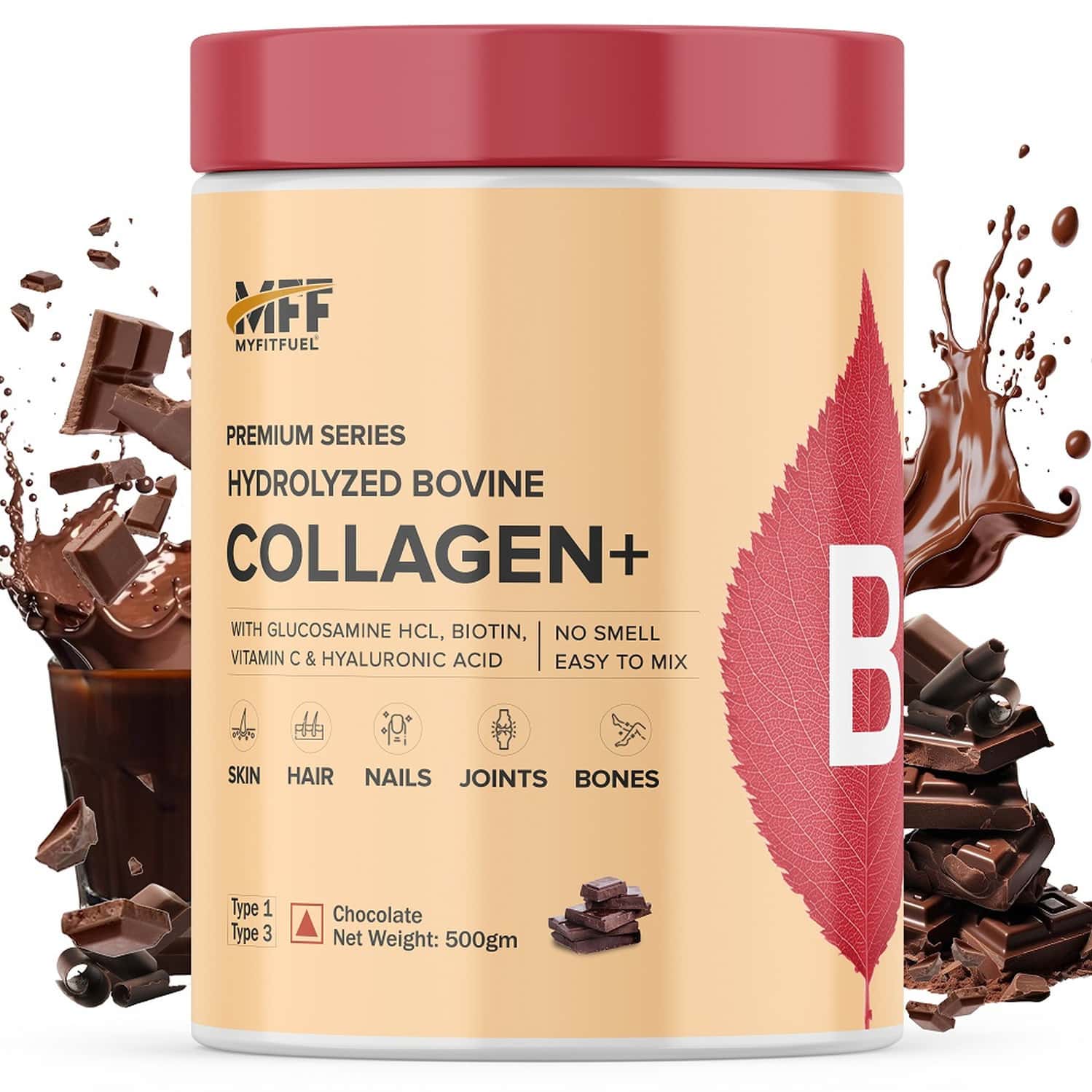 Myfitfuel Hydrolyzed Bovine Collagen + Glucosamine, Hyaluronic, Biotin, Vitamin C (500g, Chocolate)