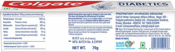Colgate Toothpaste For Diabetics 70G Advanced Ayurvedic Solution
