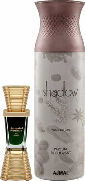 Ajmal Jannatul Firdaus Concentrated 10Ml For Unisex And Shadow Homme 200Ml For Men + 2 Parfum Free